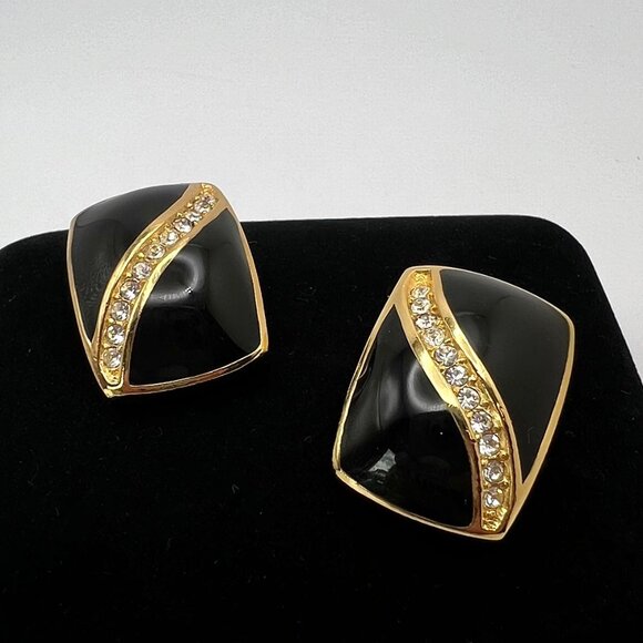 Christian Dior Black Enamel CZ CLIP Earrings - Picture 1 of 5